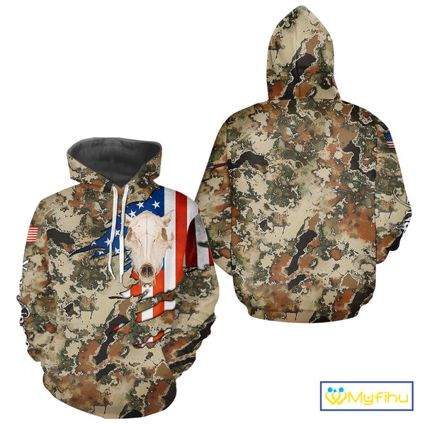 Boar Hunting Shirt Camo Custom Name American Flag Skull Hunting Clothes For Hunters NHT159