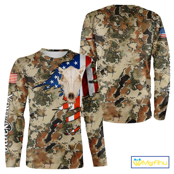 Boar Hunting Shirt Camo Custom Name American Flag Skull Hunting Clothes For Hunters NHT159