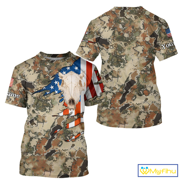 Boar Hunting Shirt Camo Custom Name American Flag Skull Hunting Clothes For Hunters NHT159