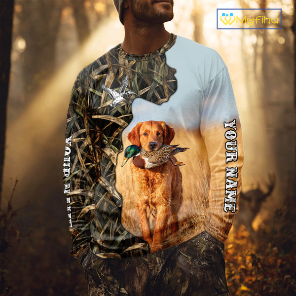 Red Golden Retriever Custom Name Hunting Duck Shirts for Hunter, Duck Hunting Gift NHT172