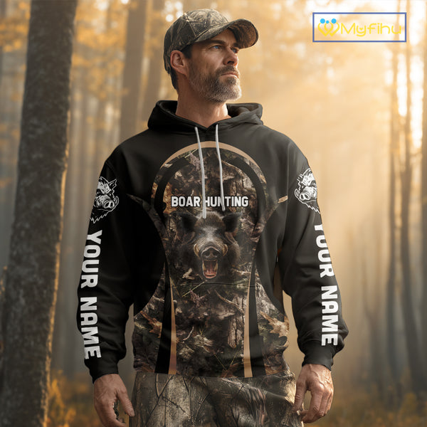 Custom Wild Hog Hunting Black Camo Forest 3D Printed Shirts, Hunting Gifts for Boar Hunter NHT262