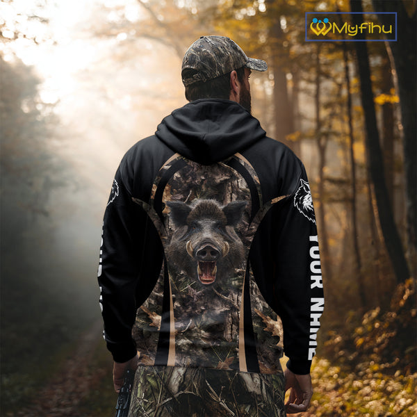 Custom Wild Hog Hunting Black Camo Forest 3D Printed Shirts, Hunting Gifts for Boar Hunter NHT262