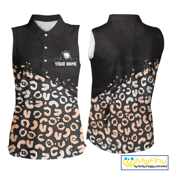 Custom Name Leopard Print Sleeveless Women Polo Shirt – Stylish Animal Print Golf Polo For Womens NHT855