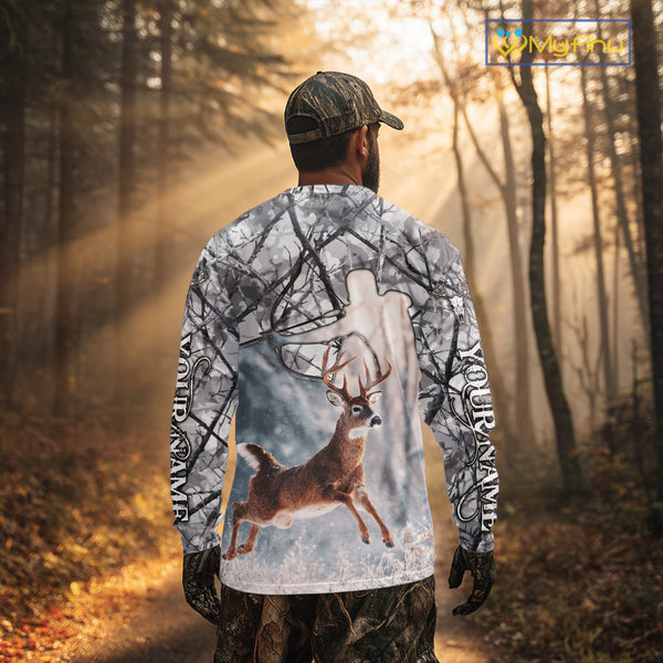 Beautiful Deer Hunting Shirt Camo Gray 3D Full Body Jumping Whitetail Deer Custom Name NHT94