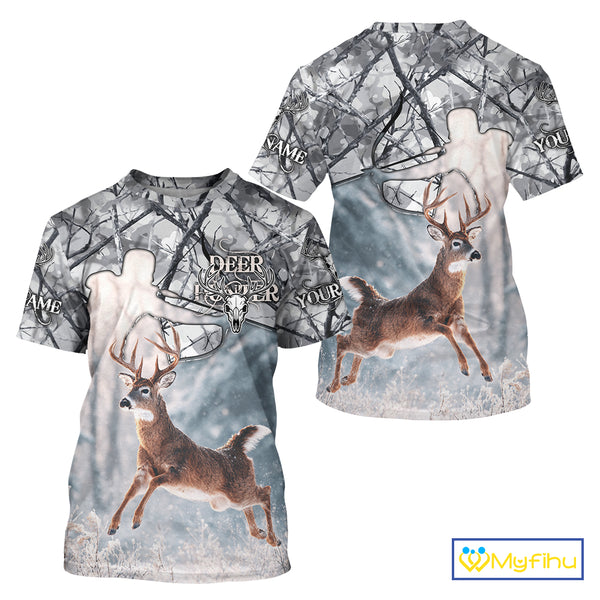 Beautiful Deer Hunting Shirt Camo Gray 3D Full Body Jumping Whitetail Deer Custom Name NHT94