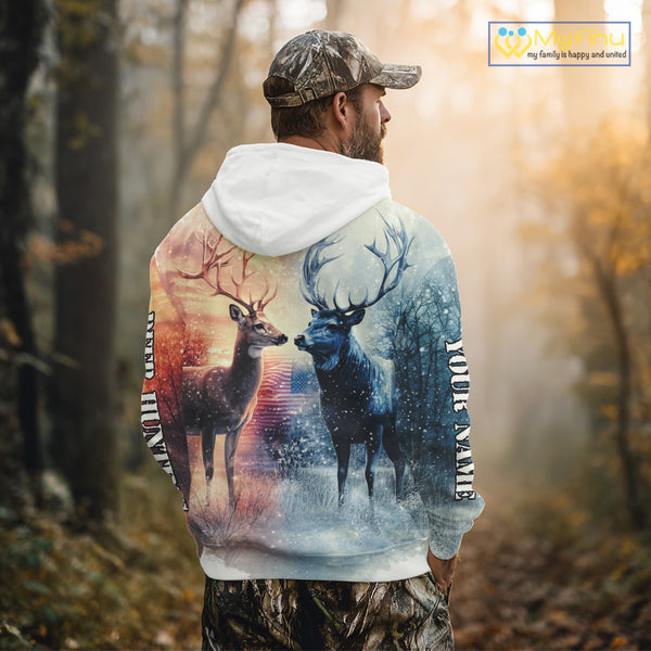 Deer Hunting in snow American flag Long sleeve, Hoodie Shirt NHT02