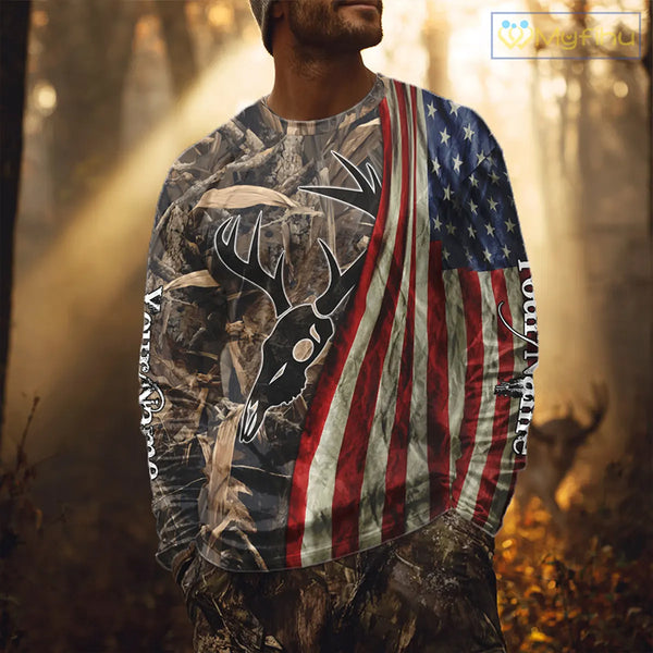 Skull Deer Hunting Shirt-Personalized US Flag Camouflage, Best Hunting Hoodie For Hunter NHT364