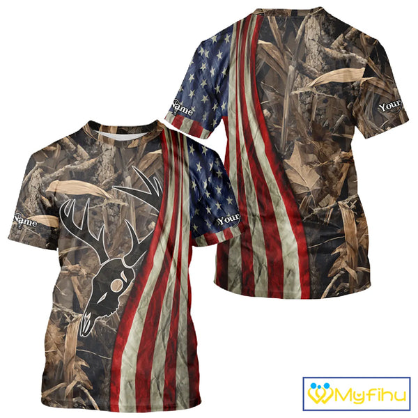 Skull Deer Hunting Shirt-Personalized US Flag Camouflage, Best Hunting Hoodie For Hunter NHT364