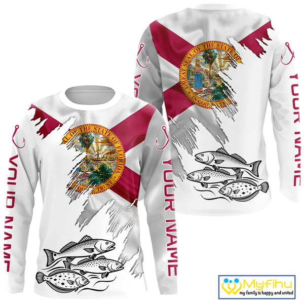 Personalized Inshore Slam Snook, Redfish,Trout Florida Flag Fishing Shirts Long Sleeve For Men NHT848