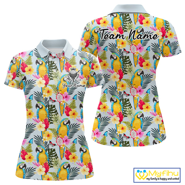 Funny Tropical Parrot Womens Golf Polo Shirt – Custom Name Shirt For Womens, Summer Beach Vacation Outfit NHT858