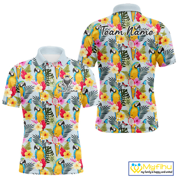 Funny Tropical Parrot Mens Golf Polo Shirt – Custom Name Shirt For Men, Summer Beach Vacation Outfit NHT858