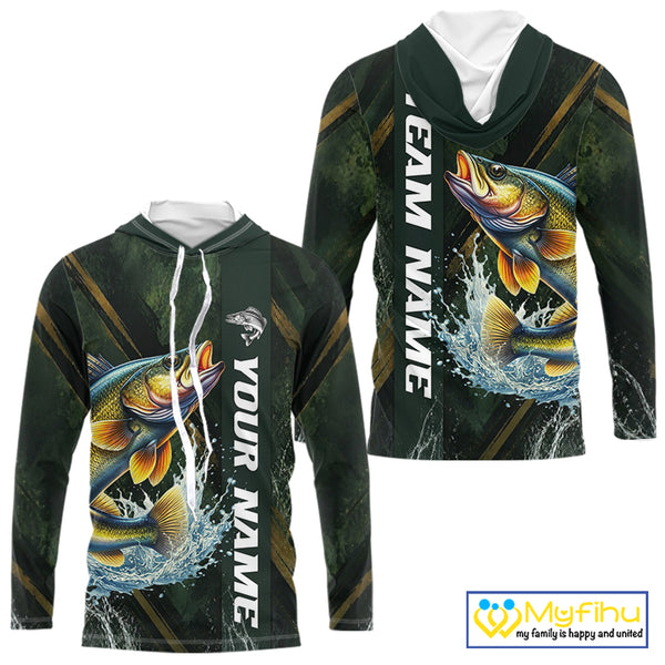 Personalized Hooded Walleye Fishing Jersey – Green Angler Shirt Custom Name, Fishing Gift For Men NHT876