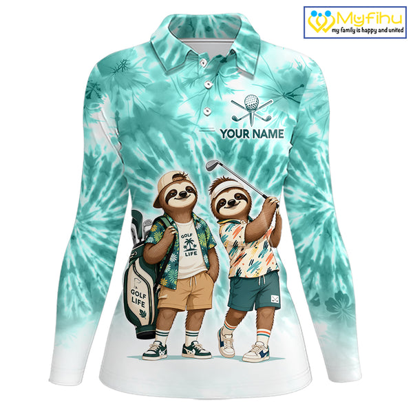 Funny Sloth Golf Polo Shirt For Womens –  Blue Tie Dye Custom Name Golf Shirt, Golf Gift NHT880