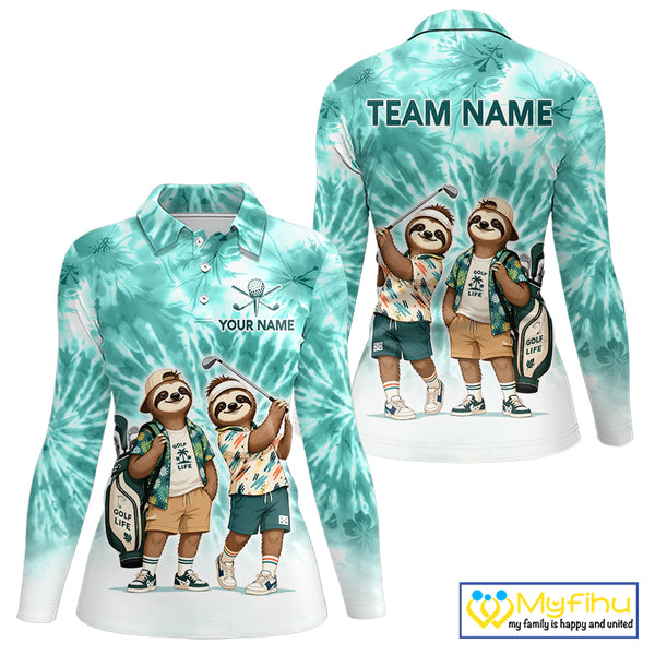 Funny Sloth Golf Polo Shirt For Womens –  Blue Tie Dye Custom Name Golf Shirt, Golf Gift NHT880