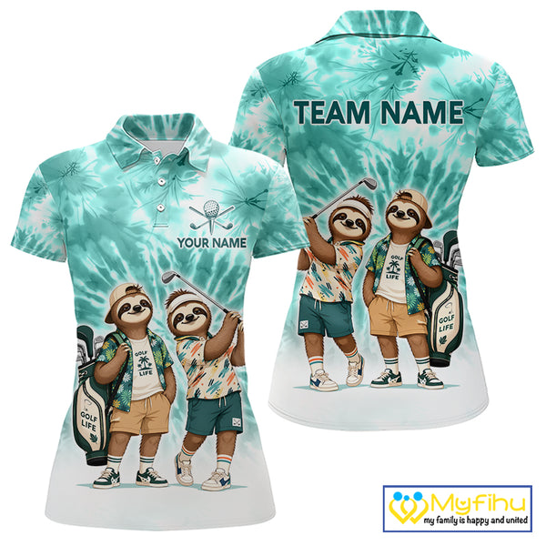 Funny Sloth Golf Polo Shirt For Womens –  Blue Tie Dye Custom Name Golf Shirt, Golf Gift NHT880
