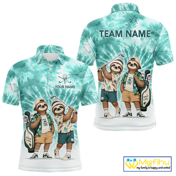 Funny Sloth Golf Polo Shirt For Men –  Blue Tie Dye Custom Name Golf Shirt, Golf Gift NHT880