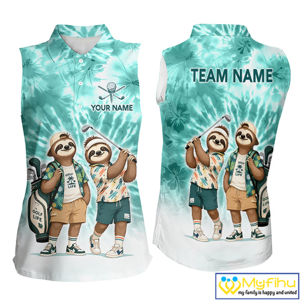 Funny Sloth Sleeveless Womens Golf Polo Shirt  –  Blue Tie Dye Custom Name Golf Shirt, Golf Gift NHT880