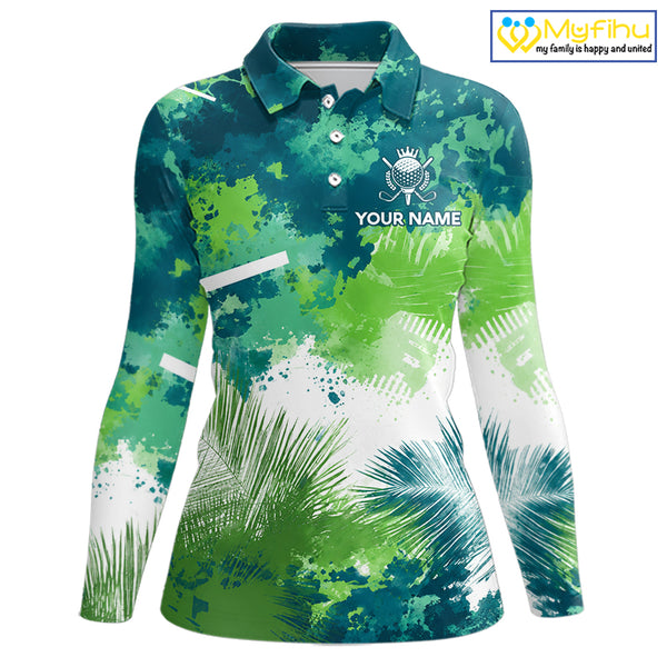 Green Tropical Splash Custom Womens Golf Polo Shirt – Personalized Team Name Performance Polo Tee For Womens NHT894