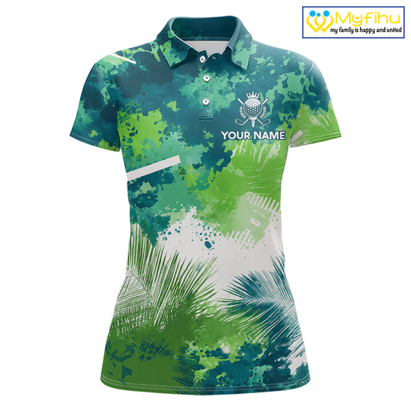 Green Tropical Splash Custom Womens Golf Polo Shirt – Personalized Team Name Performance Polo Tee For Womens NHT894