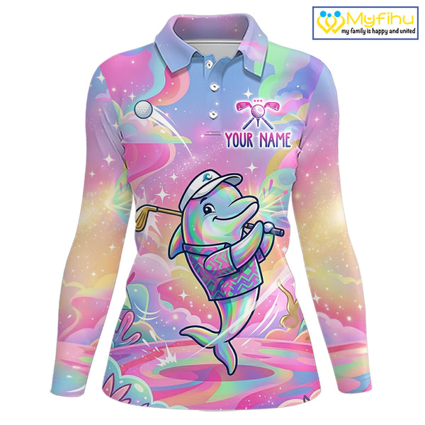 Funny Pastel Dolphin Womens Golf Polo Shirt Custom Ocean Golf Shirt, Polo Gift For Golf Lovers NHT897