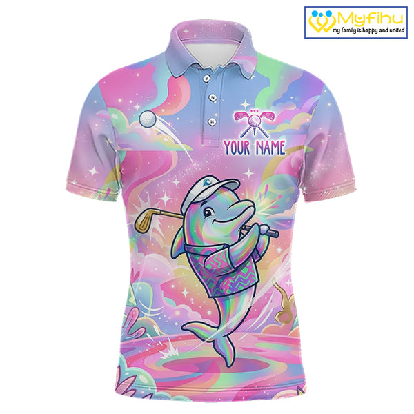Funny Pastel Dolphin Mens Golf Polo Shirt Custom Ocean Golf Shirt, Polo Gift For Golf Lovers NHT897