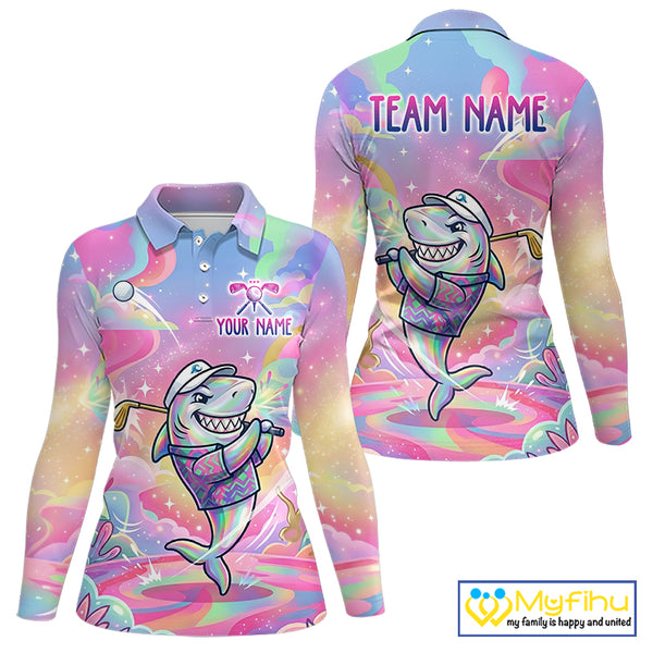 Funny Pastel Shark Womens Golf Polo Shirt Custom Ocean Golf Shirt, Polo Gift For Golf Lovers NHT898
