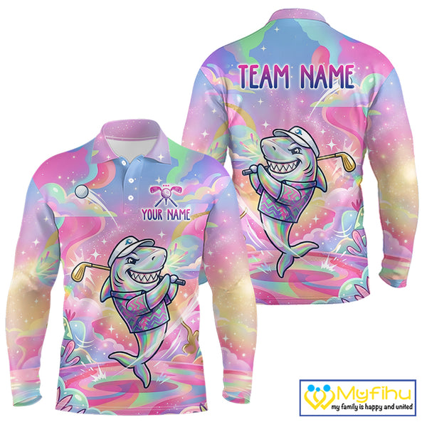 Funny Pastel Shark Mens Golf Polo Shirt Custom Ocean Golf Shirt, Polo Gift For Golf Lovers NHT898