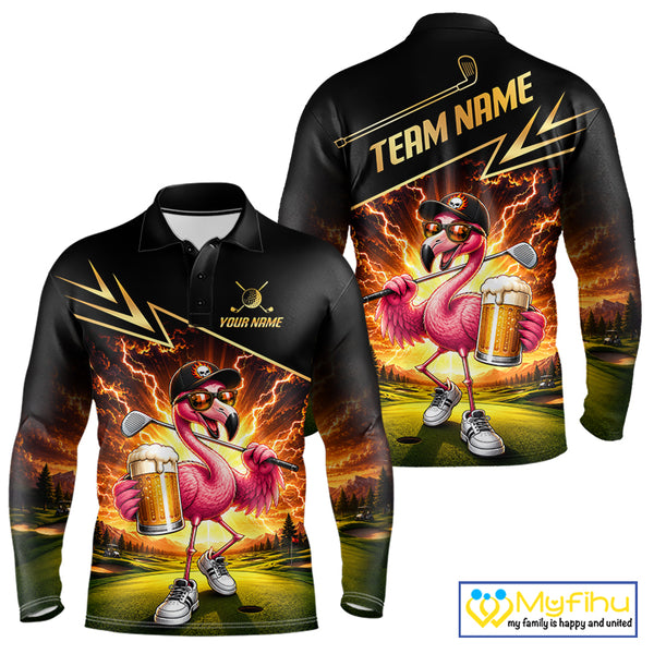 Funny Flamingo Mens Golf Polo Shirts Custom Golf And Beer Golf Apparel For Golfer NHT900