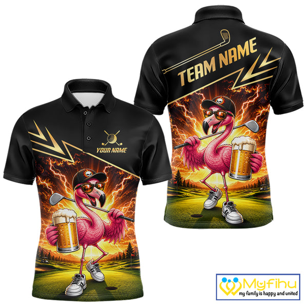 Funny Flamingo Mens Golf Polo Shirts Custom Golf And Beer Golf Apparel For Golfer NHT900