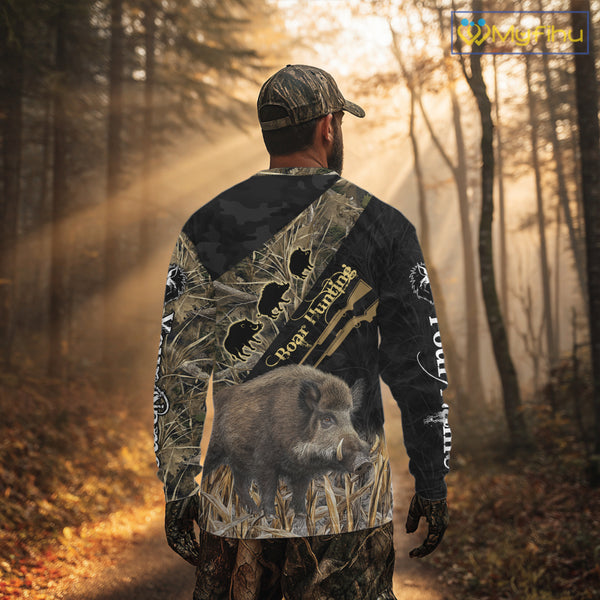 Best Wild Boar Hunting Black Camo 3D Shirt For Hunting Season Hunting Clothes For Hunters NHT121