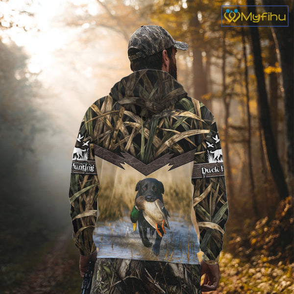 Mallard Duck Waterfowl Hunting Shirt Camo Personalized With Black Lab Dog, Hunting Shirts NHT167