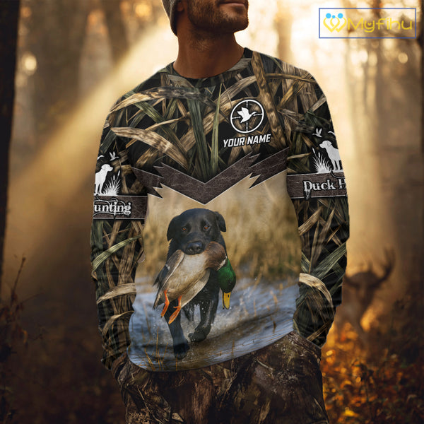 Mallard Duck Waterfowl Hunting Shirt Camo Personalized With Black Lab Dog, Hunting Shirts NHT167