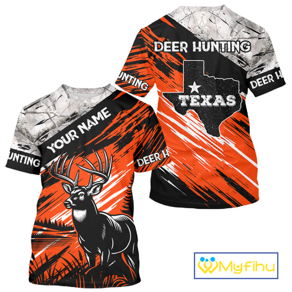 Deer Hunting Shirt 3D All Over Print Orange Black Gray Camo Deer With TX Flag Season NHT64