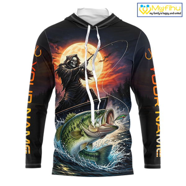 Personalized Fish Reaper Fishing Shirts Jerseys, Fish Reaper Sunset Bass Fishing Shirts Long Sleeve Hooded NHT829