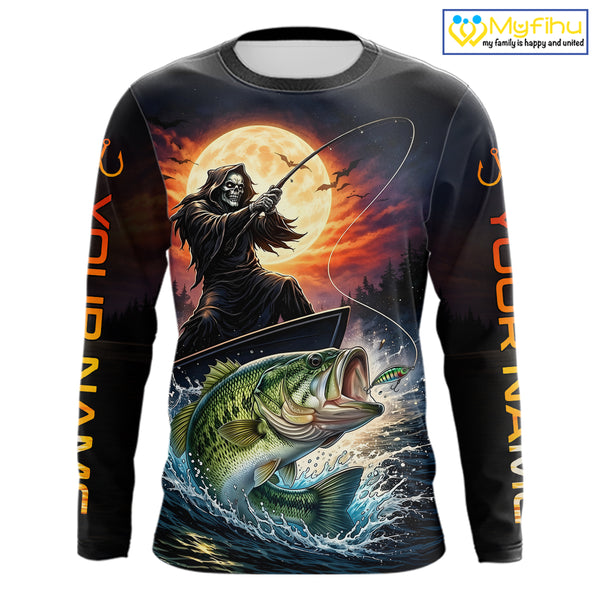Personalized Fish Reaper Fishing Shirts Jerseys, Fish Reaper Sunset Bass Fishing Shirts Long Sleeve NHT829