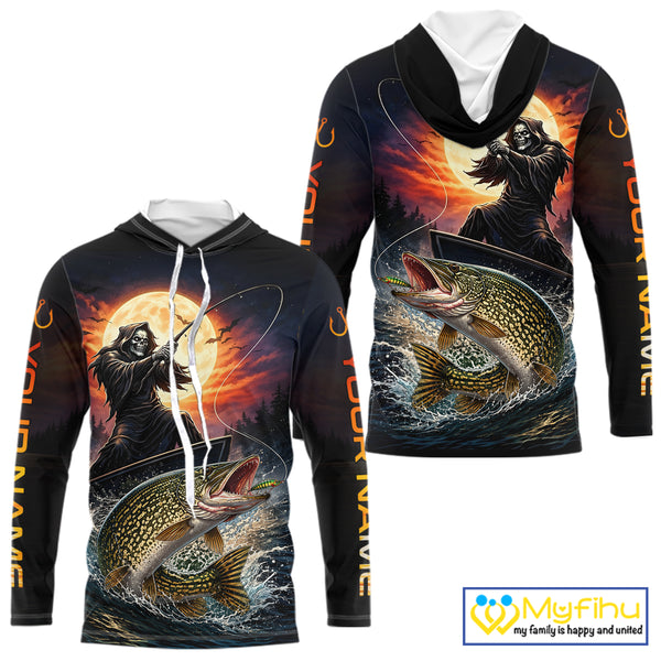 Personalized Fish Reaper Fishing Shirts Jerseys, Fish Reaper Sunset Pike Fishing Shirts Long Sleeve Hooded NHT830