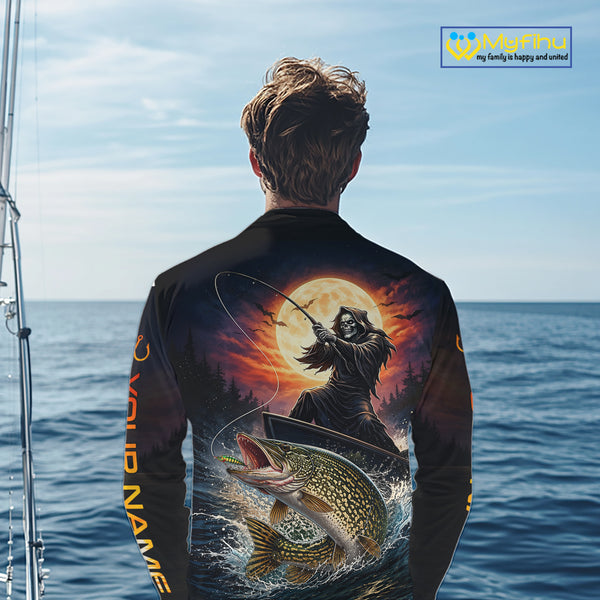 Personalized Fish Reaper Fishing Shirts Jerseys, Fish Reaper Sunset Pike Fishing Shirts Long Sleeve NHT830