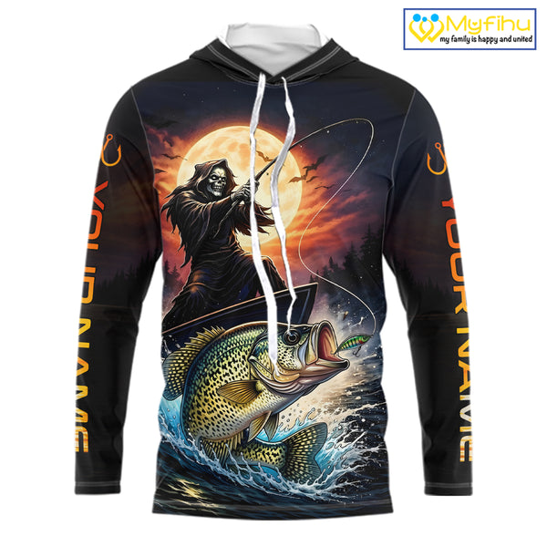 Personalized Fish Reaper Fishing Shirts Jerseys, Fish Reaper Sunset Crappie Fishing Shirts Long Sleeve Hooded NHT831