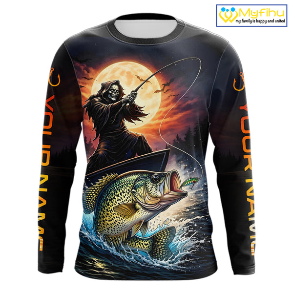 Personalized Fish Reaper Fishing Shirts Jerseys, Fish Reaper Sunset Crappie Fishing Shirts Long Sleeve NHT831
