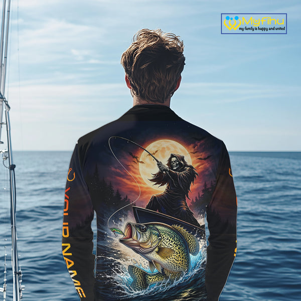 Personalized Fish Reaper Fishing Shirts Jerseys, Fish Reaper Sunset Crappie Fishing Shirts Long Sleeve NHT831