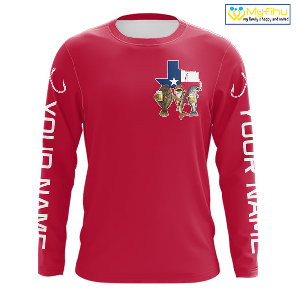 Texas Slam Funny Fishing Redfish, Trout, Flounder Fishing Shirts Long Sleeve For Men| Red NHT844