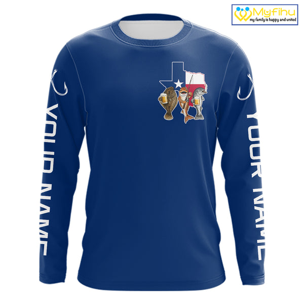 Texas Slam Funny Fishing Redfish, Trout, Flounder Fishing Shirts Long Sleeve For Men| Blue Navy NHT845