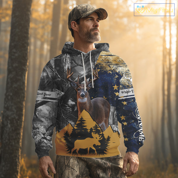 WhiteTails Deer Hunting Alaska Flag with Custom Name, Camo Gray Camouflage Details  NHT09