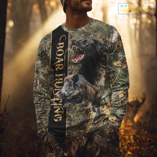 Wild Boar Hunting Shirt Forest Camo With Dog Custom Name Hunting Clothes Gifts for Hunter NHT111