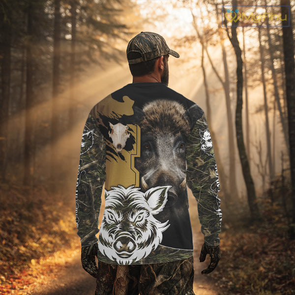 Wild Boar Hunting Shirt Custom Name Camo Skull Hunting Clothes For Hunters Gift NHT110