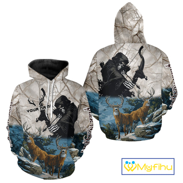 Blue Bowhunting Deer Camouflage Personalized Hunting Bow Grim Reaper Shirt NHT16