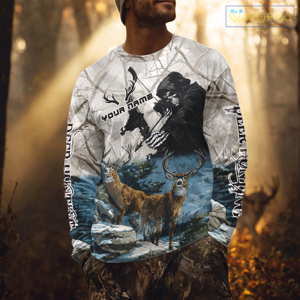 Blue Bowhunting Deer Camouflage Personalized Hunting Bow Grim Reaper Shirt NHT16