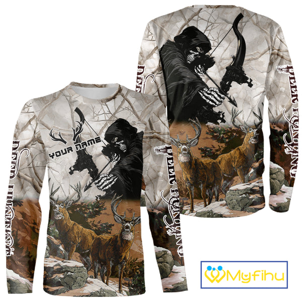 Brown Bowhunting Deer Camouflage Personalized Hunting Bow Grim Reaper Shirt NHT17