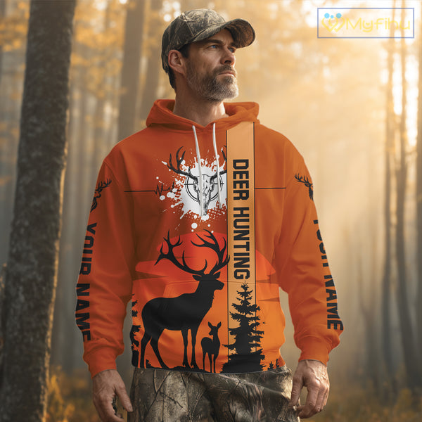 Custom Deer Hunting Shirt Orange 3D All Over Print with Deer Skull & Forest Silhouette NHT33