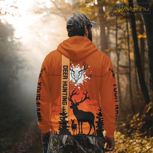 Custom Deer Hunting Shirt Orange 3D All Over Print with Deer Skull & Forest Silhouette NHT33